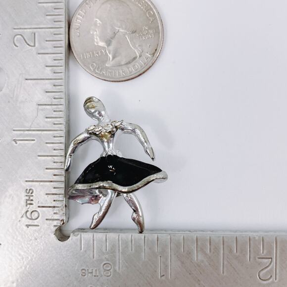 VTG 1950s Pin Ballerina Rhinestone Black Enamel Mid Century Brooch Silver Tone - Picture 10 of 11